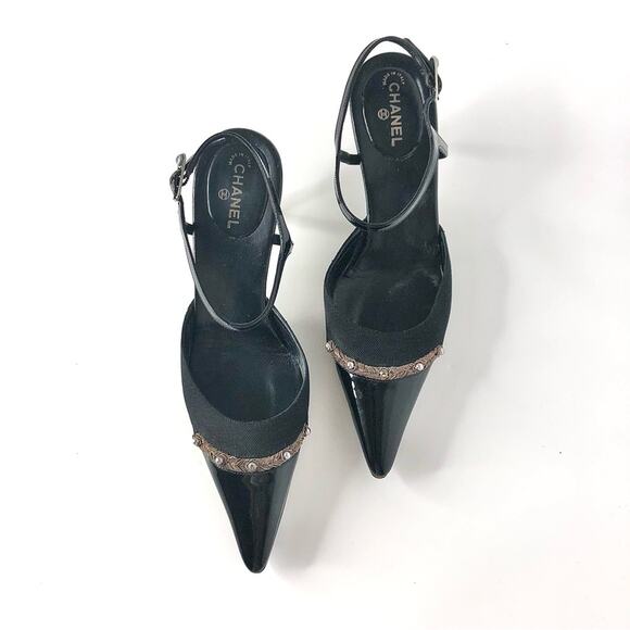 Vintage Chanel CC Logo Patent Cap Toe Pointed Toe Black Pumps 37 - Picture 3 of 9